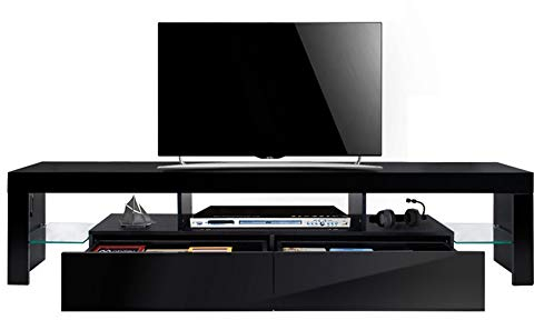 Panana 160cm 2 Drawer TV Stand Cabinet Unit Glass Shelf Sideboard RGB LED Lighted Fit For 62 63,65,70inch (Black)
