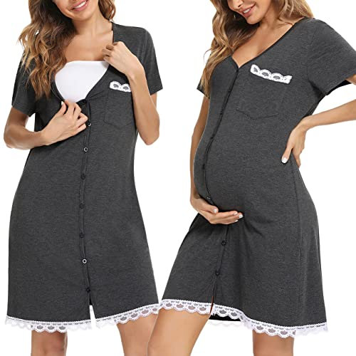Uniexcosm Chemise Nuit Allaitement Maternité Coton Robe de Nuit Femme Enceinte Col en V Manches Courtes Devant Ouvert Chemise de Nuit Femme Grossesse A-Gris Foncé XXL