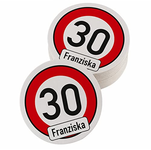 Herz & Heim® Bierdeckel Verkehrsschild mit Name und Alter, 30 Stück 10,7 cm x 0,1cm (Ø/H)