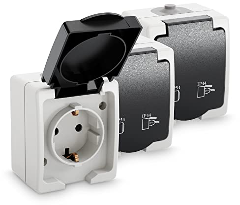 greate 3x Aufputz Steckdose 1fach für Feuchtraum - AP Steckdose mit Klappdeckel IP54, 250V, 16A, 2 polig - Aufputz Steckdosen, Aufputzdose Außenbereich, Aufputzsteckdose 1fach, Außen Steckdose