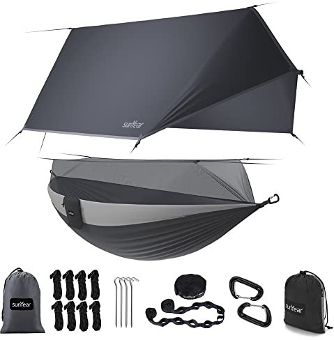 Sunyear Camping Hammock-Hammocks with Net and Rain Fly Tarp - Portable Single&Double Lightweight Nylon Parachute Hammocks with Hammock Tree Straps for Backpacking Hiking Travel Camping Indoor Outdoor