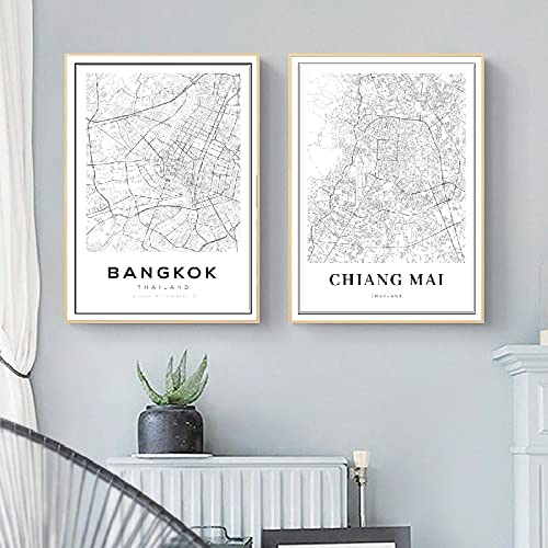 Bangkok Karte Poster und Drucke, Thailand Reise Stadtplan Leinwand Gemälde Moderne Chiang Mai Karte Bild Home Wanddekoration 30x45cm-2Pieces Frameless