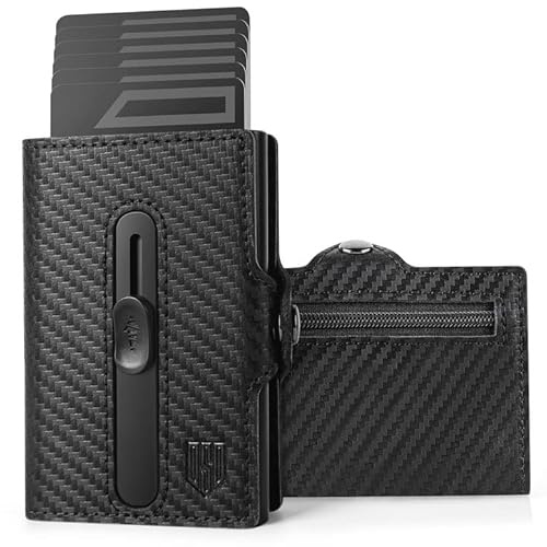 DODENSHA Pop Up Wallet Card Holder with Cash Pocket, Men's Genuine Leather Slim Credit Card Holder, RFID Blocking Wallet for Men with Coin Pocket & ID Window (Carbon, 7+ Cards)