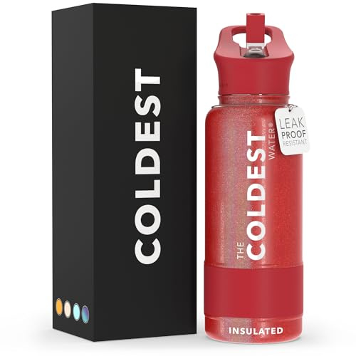 Coldest Insulated Water Bottle with Straw Lid - Stainless Steel Metal Insulated Bottle for Men & Women (Mars Red Glitter, 32 oz)