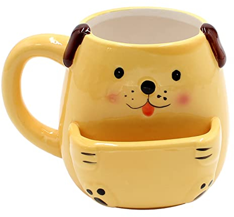 Dekohelden24 Taza de café con compartimento para galletas de cerámica, tamaño del perro: aprox. 10 x 7 cm, capacidad: 300 ml, amarillo, 10 cm