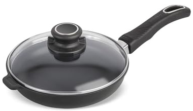 Pfannen-Set Original Gundel GUSS-BRATPFANNE mit Glasdeckel INDUKTION flach, Ø 20 cm, Höhe 4,5 cm, BIOTAN-Oberfläche, PFOA-frei, Akku-Therm Boden