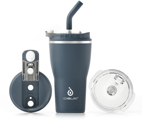 IDEUS Insulated Tumbler with Lid and Straw 14 oz, Stainless Steel Double-Wall Vacuum Leak-Proof Travel Coffee Mug, Cup Holder Friendly, Navy Blue