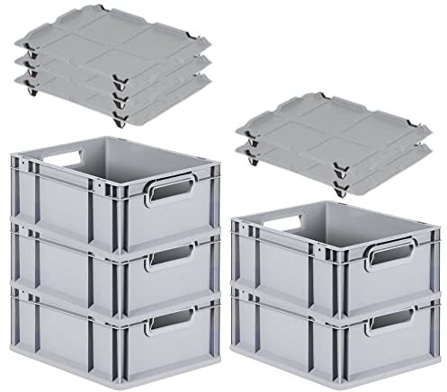 PROREGAL SparSet 5x Eurobox NextGen Grip mit Auflagedeckel & 4 schwarzen Schiebeschnappverschlüssen, HxBxT 17x30x40cm, 16 L, Grau, Griffe offen, Eurobehälter, Transportbox