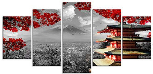 decomonkey - Tableau Acoustique Campagne 200x100 5 Pièces - Impression sur Toile Décoration Maison Isolation Phonique Déco Bureau Architecture nuages arbres montagnes japon paysage nature panorama
