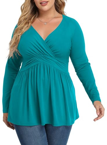 TIANZHU Women's Plus Size Casual Top Stylish Dressy V-Neck Empire Waist Tunic Lightweight Long Sleeve Blouse, Light Green, XL
