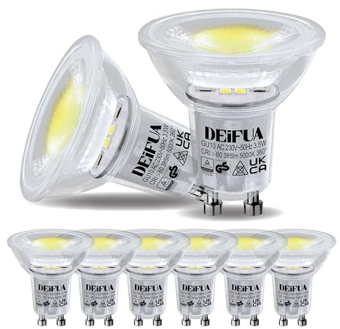 DEIFUA GU10 3.5W LED Tageslichtweiß 5000K 385lm Lampe, Ersetzt 50W Halogen | Reflektorlampen, Flimmerfrei Strahler, Abstrahlwinkel 360° Birnen, 38° Spot, 6er-Pack, Nicht Dimmbar, IP44-Abdeckung