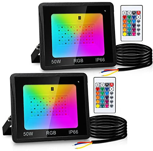 Cecaylie 2er 50w RGB LED Strahler mit Fernbedienung für Terrassen- & Verandabeleuchtung - 16 Farben, 4 Modi, IP66 Wasserdicht, Dimmbar, Memoryfunktion