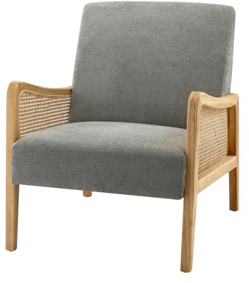HULALA HOME Armlehnensessel, Loungesessel mit Holzbeine und Sitzkissen aus Samt, bequemer Polstersessel mit Armlehnen aus Rattan, Einzelsofa für Wohnzimmer, Schlafzimmer, Grau