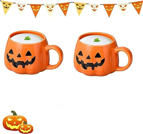 Halloween Kürbis Tasse, 400 ml Kürbis Geister Deko Keramik Kaffeetasse, Niedlich Pumpkin Mug, Kuhmilch Suppentasse, Herbst Tasse, Kürbis Teetasse Für Halloween Erntedankfest (2 Stück)