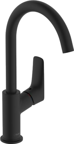 hansgrohe Logis - grifo lavabo con vaciador automático, caño giratorio, grifo monomando lavabo 221 mm, mezclador monomando lavabo ahorro de agua (EcoSmart), negro mate, 71130670