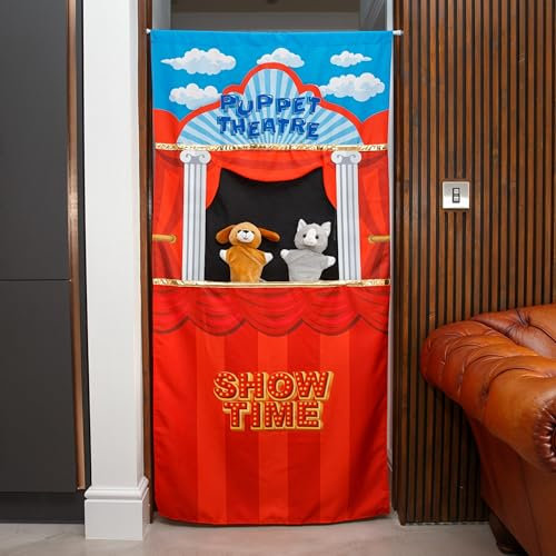 Hanging Doorway Puppet Theatre, Includes 2x Plush Toy Hand Puppets, Adjusts to Fit Any Doorway 50-88cm, Kid's Pop-Up Play Puppet Show, Children's Roleplay & Educational Toys for Imaginative Play