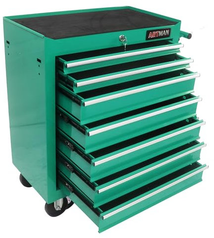 Aoile Werkzeugkiste mit 7 Schubladen und Rollen, multifunktionaler Werkzeugwagen, Aufbewahrungs-Organizer-Schränke mit Schlüsselverriegelung für Garage, Lager, Werkstatt (Grün)