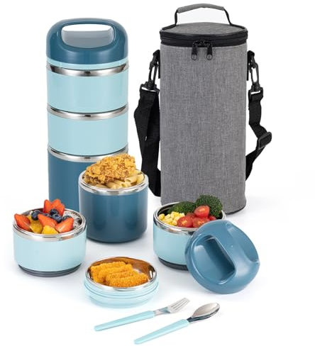 Lille Home de 3 capas Lunch Box de acero inoxidable 1.43L- Caja de bento aislada sin fugas para fugas para preparación de comidas sobre la marcha, contenedor de alimentos apilable (Azul)