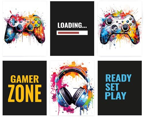 EDUS Aquarell-Gaming-Poster, 6er-Set (20,3 x 25,4 cm), Raumwanddekorationen für Schlafzimmer, Spielzimmer, Spielzimmer, Jungen, Jugendzimmer, Wandkunst, Spielzimmer-Zubehör