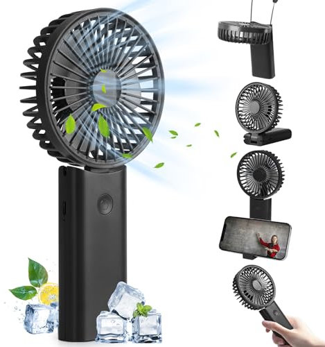 Hianjoo Portable Handheld Fan, 5 in 1 Mini Handheld Fan 4000mAh, 90° Rechargeable Folding Desk Fan, Neck Fan, 3 Adjustable Speeds with Phone Holder Base, Personal Fan for Indoor and Outdoor(Black)