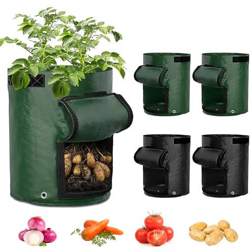 Kartoffel Pflanzsack, 4 Stück 10 Gallone Gemüse Tomatenpflanzen Pflanzsäck, Kartoffel-Pflanzbeutel kartoffeln anbauen mit Sichtbarer Klappe, Pflanztasche für Tomaten Kartoffeln Blumen Pflanzen 35*50cm
