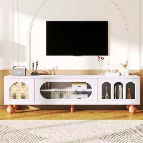 KOMHTOM Armoire TV moderne en rotin blanc avec trois portes et pieds ronds en bois - Armoire polyvalente pour salon, chambre à coucher (B)