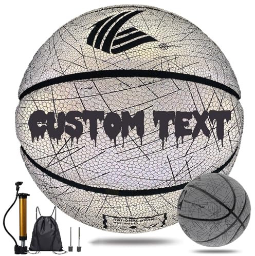 Personalisierter Basketball, personalisierbar mit Ihrem Namen, Text auf Basketball, leuchtet im Dunkeln, Basketball-Geschenk, reflektierender Basketball, Größe 7/6/5, Standard-Übungstraining,