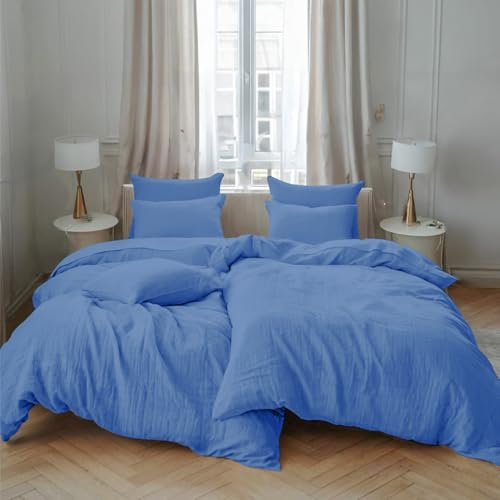 Dreamzie Musselin Bettwäsche 135x200 Baumwolle, Bettwäsche-Sets 2er Bettbezug mit 2 Kissenbezüge 80x80 cm, Oeko-Tex Bettwäsche Blau mit Reißverschluss