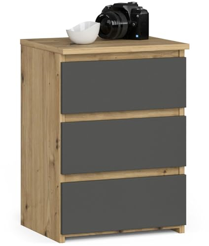 AKORD | Mesita de Noche CL-3 con 3 cajones | Sala de Estar, Dormitorio, Armario, Oficina y Estudio | Diseño Moderno y Funcional | 35 x 40 x 57 cm, 26 kg | Roble Artisan | Gris Grafito