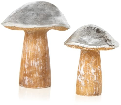 Pilz-Figuren, 2 Stück: Herbstdeko Pilze, Tischdeko Holz, Kleine Dekopilze Herbst, Dekoration Tisch & Fensterbank, Fliegenpilz Fensterdeko, Deko Modern, Dekofiguren Silber, Herbstfiguren, 12-15,5 cm
