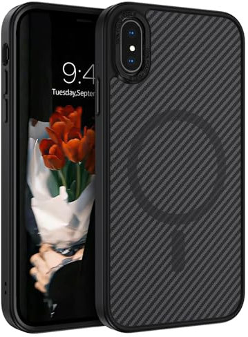DUEDUE Magnetische Hülle für iPhone X mit Carbonfaser Textur Design [Kompatibel mit Magsafe] iPhone XS Matte Rückseite Kratzfest Schlanke Stoßfeste Handyhülle für iPhone X/XS Pro Max 5,8 Zoll, Schwarz
