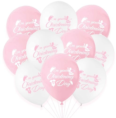 KOBOKO Taufe Deko Luftballons Rosa, 24 Stk Deko Taufe Mädchen Kommunion Luftballon, Taufdeko Mädchen Weiß Rosa Helium Ballons, Taufe Ballon für Babyparty, Kommunion, Babyshower Party Deko