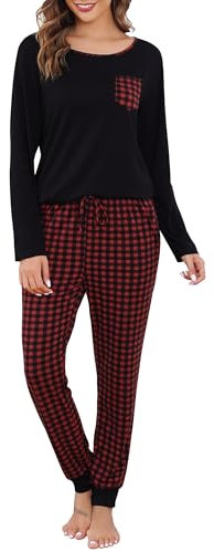 Vlazom Pyjama Femme Hiver Ensemble de Pyjama à Manches Longues Vêtements de Nuit à Carreaux avec Poches pour Noël,A-Noir/Rouge,XL