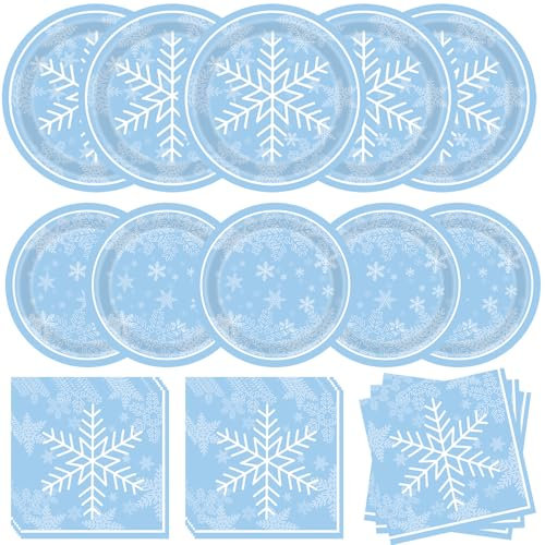 WIQEDOHA Winter Snowflake Birthday Party Supplies 96 PCS Christmas Snowflake Paper Plates and Napkins Disposable Tableware Set for Christmas Winter Wonderland Frozen-theme Party Decorations