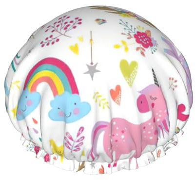 Gorro de ducha con estampado rosa de unicornios, elástico y reutilizable, doble capa, impermeable, gorro de ducha