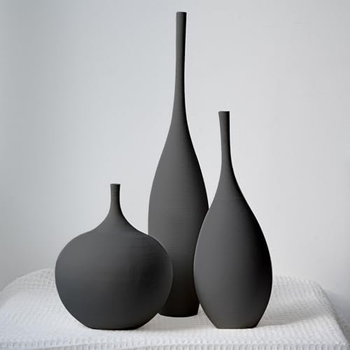 Relexome Schwarz Keramik Vasen 3er-Set, Moderne Skandinavische Deko Vasen, Wabi-Sabi Blumenvasen, Boho Home Decor Für Pampasgras & Trockenblumen, Matt Minimalistisch Für Wohnzimmer, Tisch, Regal