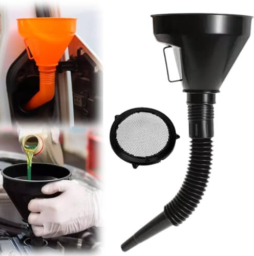 Fuel Funnel, Plastic Funnel with filter screen & Removable Hose Car Funnel for Auto Oil Gasoline Petrol Diesel and Household Use (Black)