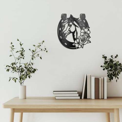 WADORN Wandkunst Aus Metall Mit Pferd Und Blume Wildpferd Silhouette Skulptur Schilder Hufeisen Tier Wandkunst Plakette Heimdekoration Für Zuhause Balkon Garten Innenhof 28.5x30cm