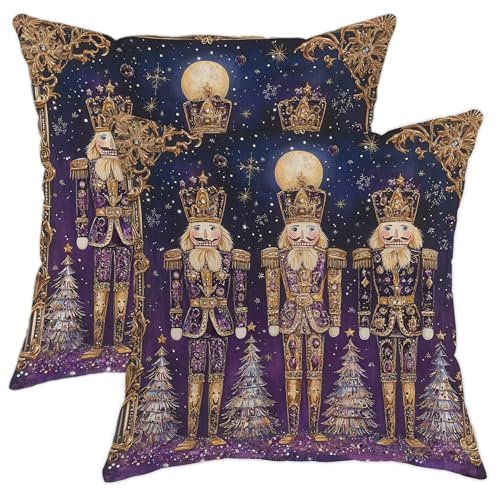 Federa per cuscino natalizia con schiaccianoci, decorazioni natalizie viola e oro, cuscini decorativi invernali per divano, camera da letto, soggiorno, 40,6 x 40,6 cm