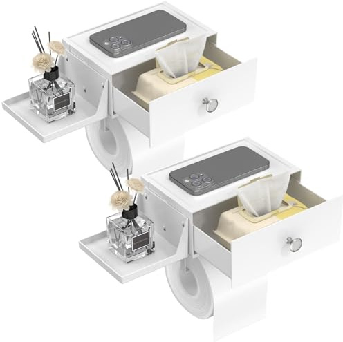 Lifewit Plastique Porte-Rouleau WC avec Tablette de Rangement et Tiroir à Visser ou à Coller au Mur, Boîte de Rangement Étanche et Lavable pour Lingettes Humides de Toilette, Blanc, 2 Paquet