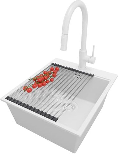 PRIMAGRAN Evier Cuisine en Granit Tout Blanc 43x50cm, Lavabo 1 bac + Kit de Vidage + Robinet 40x20cm + Égouttoir Enroulable, Évier à Encastrer au meuble 45cm - Oslo