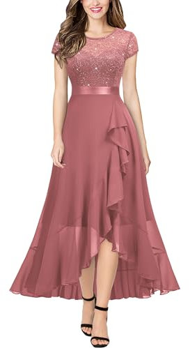 MIUSOL Women's Elegant Floral Lace Ruffle Evening Formal Wedding Guest Party Maxi Dress (X-Large, Sequin Version - Dusty Pink)