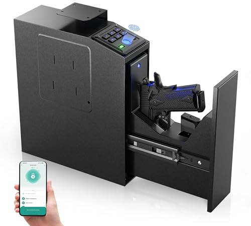 Gun safe, Biometric Slider safe for handgun, 4 Ways Unlock with Fingerprint, Key Access, PIN Code, Mounted Nightstand Pistol Safe and Gun Lock Box for Car, Truck, Desk, Bedside, Wall