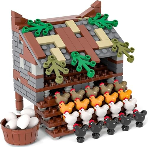 TRavesty MOC Farm Hühnerstall Bausteine Bausatz, DIY Hühnerstall Modellfiguren Baustein Sets, Tierfiguren Minifiguren Bauset für Erwachsene Jugendliche, Tierhaus Zubehör Modellbausatz