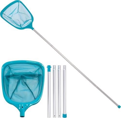 Blisvivi 150CM Swimming Pool Skimmer Net, Swimming Pool Leaf Cleaning Net Fine Mesh Skimmer with 4 Aluminum Poles for Cleaning, Fine Mesh Leaf Skimmer Netting for Garden Pond Hot Tub Net（blue）