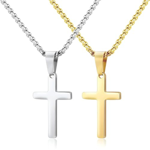 Liitata 2 Stück Kreuz Anhänger Halskette Edelstahl Kreuz Anhänger Kette Rock Gothic Punk Hip Hop Kette Talisman Halsketten für Männer Frauen - Gold Silber