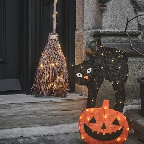 Lights4Fun Halloween Katzen- und Kürbis-Licht für den Außenbereich – Schwarze Cat & Jack O’ Laterne 2D-Figuren mit warmweißen LEDs – Stoff auf Metallrahmen – Batteriebetrieben mit Timerfunktion
