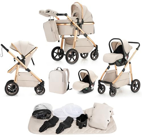 Lnhcrbs Kinderwagen 3 in 1,Kinderwagen & Buggys mit Autositz mit verstellbarem Griff,Kinderwagen mit Feststellbaren Vorderrädern, für 22 kg, 0-4 Jahre(Beige)