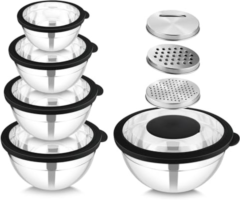 HaWare Mixing Bowls with Lids Set, 5PCS Stainless Steel Nesting Bowls for Kitchen, 3 Graters Attachments, Clear Lids, Airtight for Food Prep, Baking, Storage (4.6/2.8/1.6/1.2/0.7 L, Black)