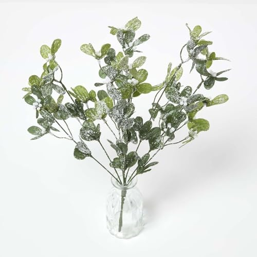 HOMESCAPES Christmas Artificial Flowers for Decoration, Realistic Xmas Mistletoe, Lifelike Faux Leaves, Artificial Greenery Foliage with Fake Snow, Plastic Floral Arrangements Indoor Home Party Decor